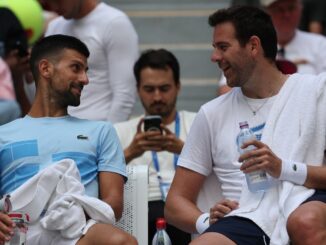 Del Potro y Djokovic , en Nueva York, en un entrenamiento previo a la participación del serbio en el US Open.